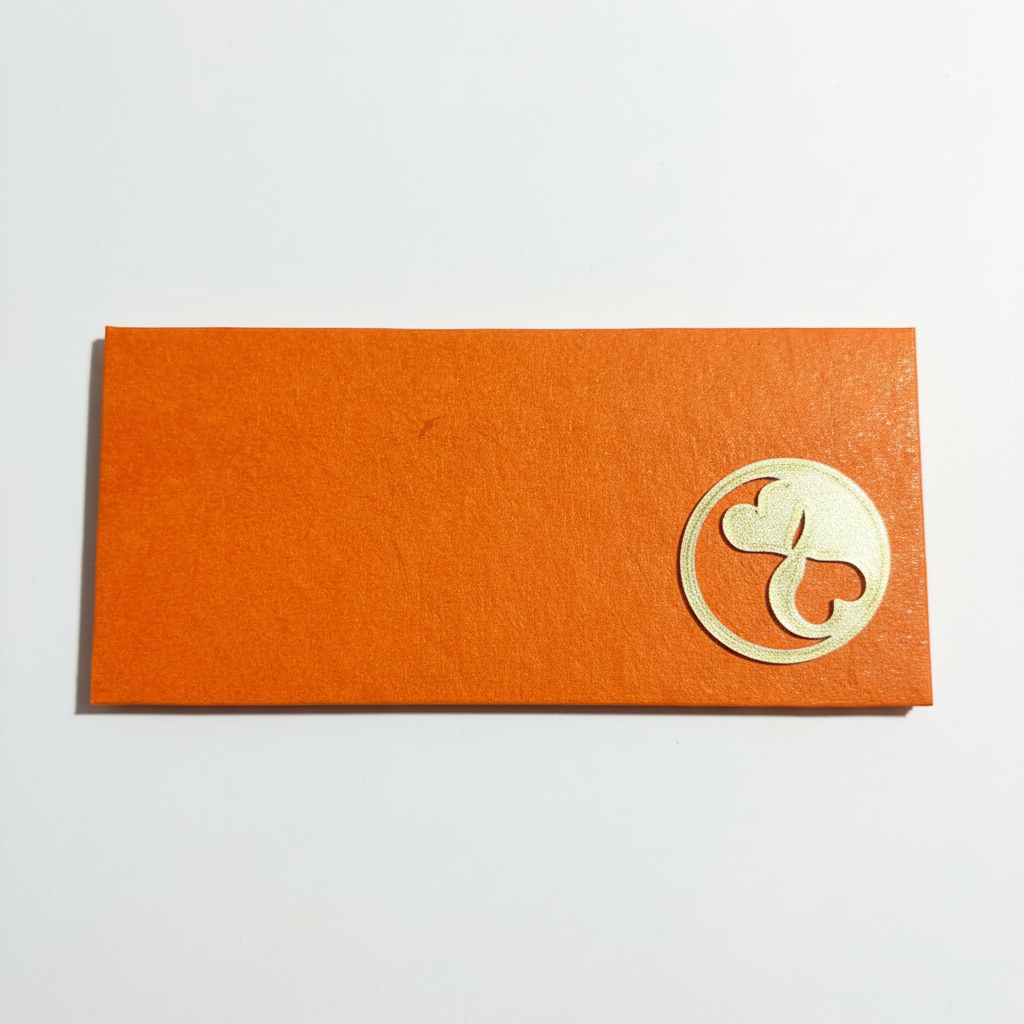 Close-up of vibrant orange 3D printed shagun envelope showing bold festive design