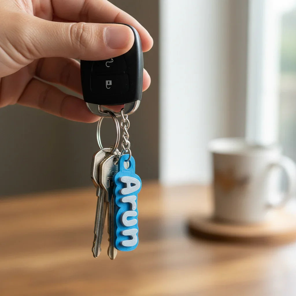 Hand holding car keys with a blue custom name keychain, wooden table and coffee cup in background