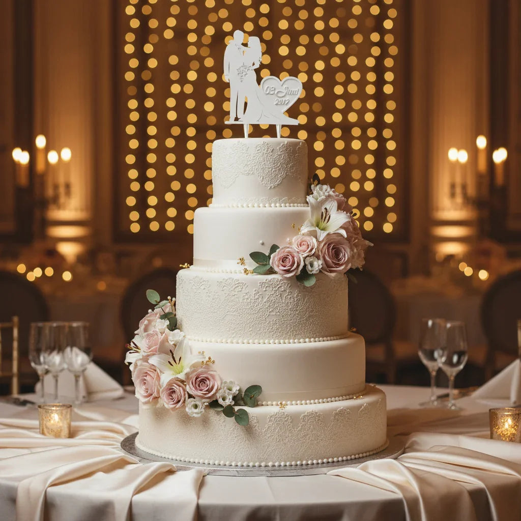 Wedding cake decorated with elegant couple cake topper