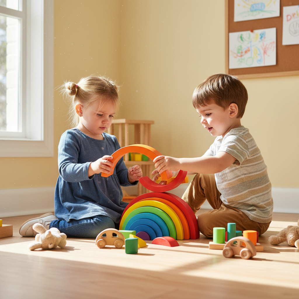 Children playing with colorful rainbow stacker building creative structures