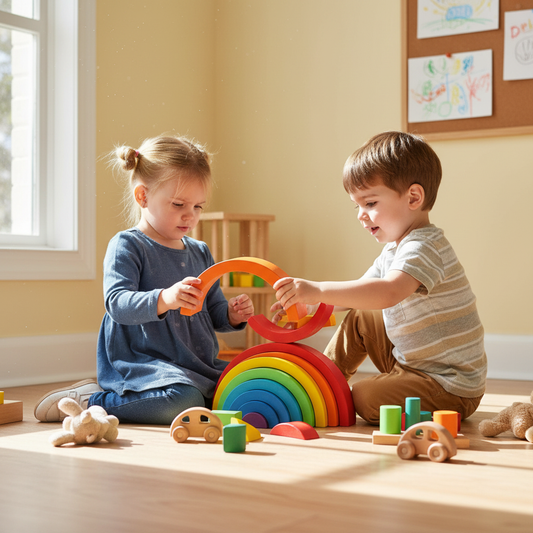 Children playing with colorful rainbow stacker building creative structures