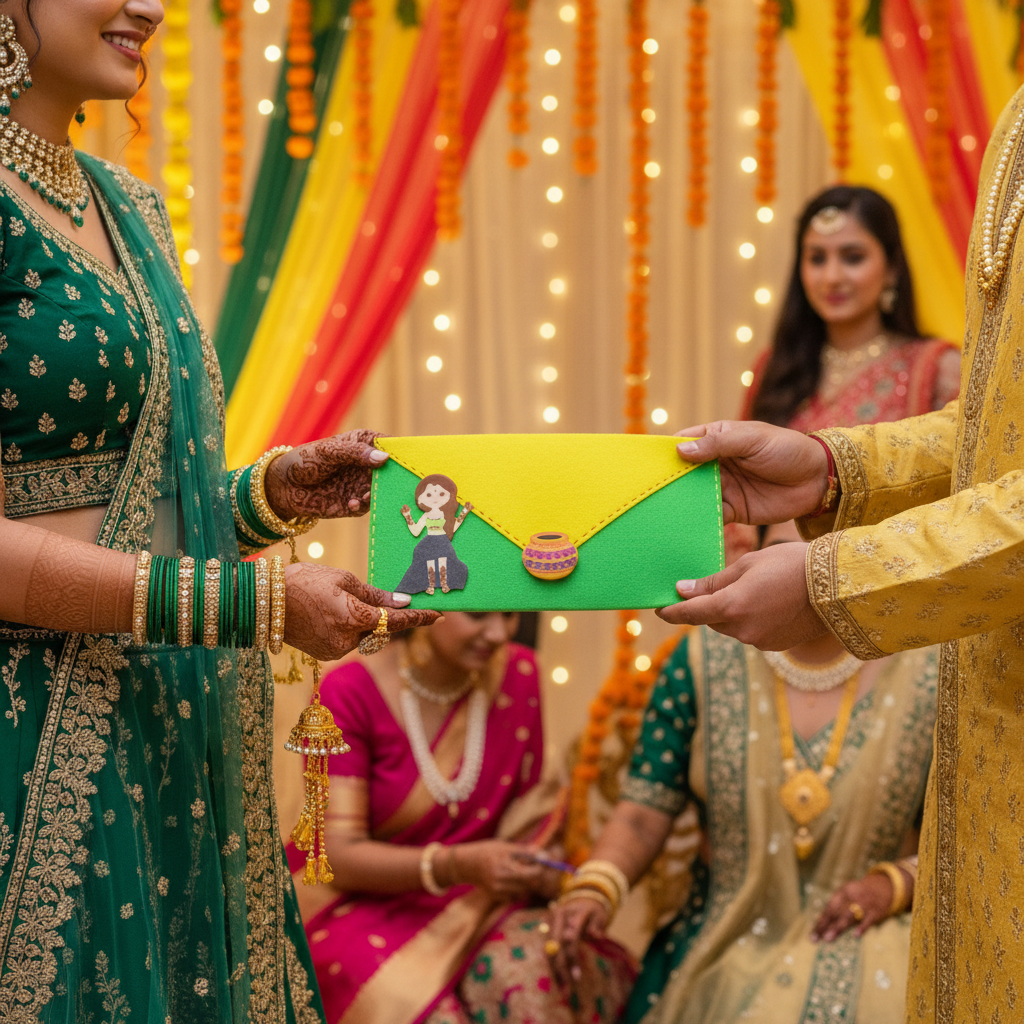 Mehndi ceremony with 3D printed envelope being exchanged showing traditional celebration