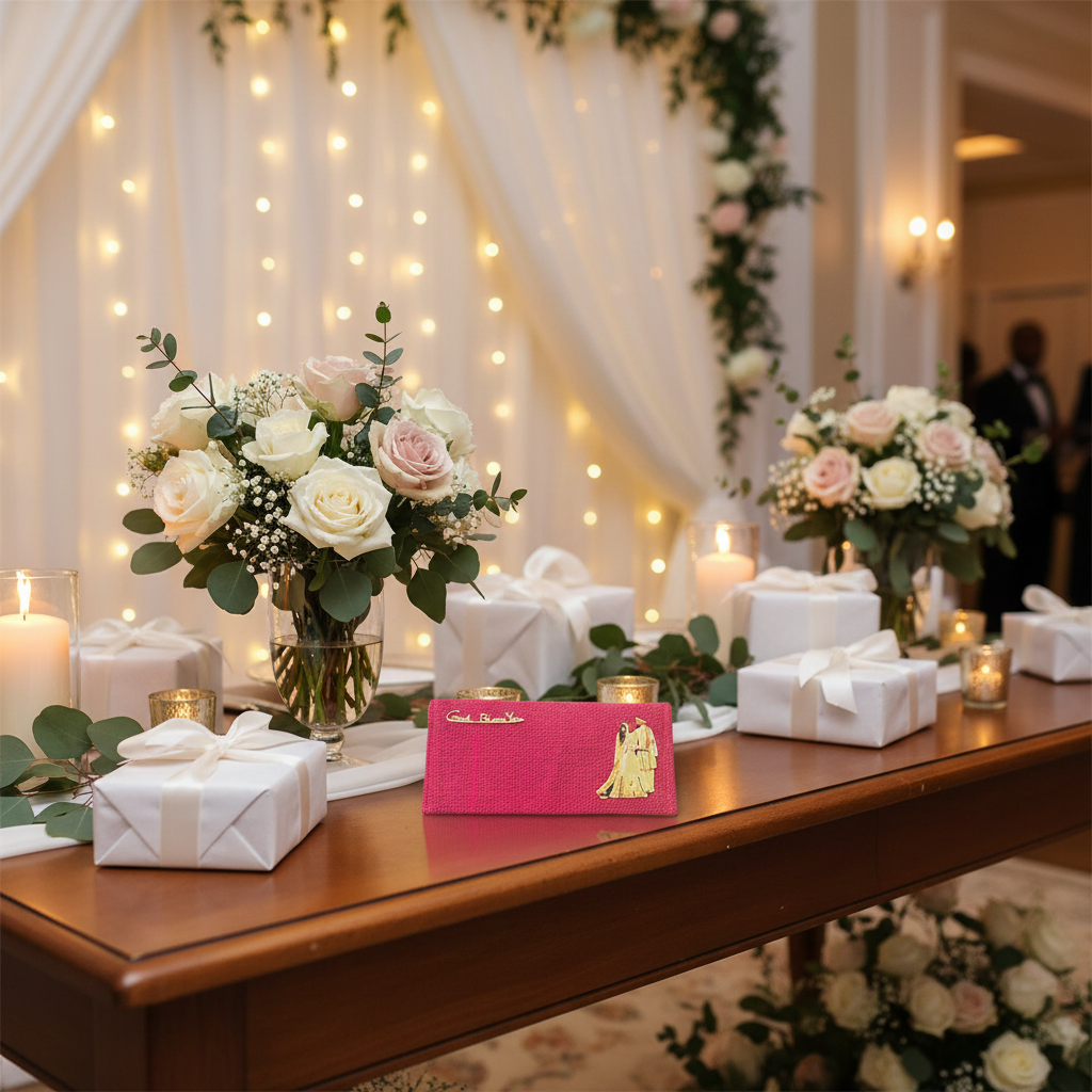 Dark pink envelope wedding gift table elegant decor romantic