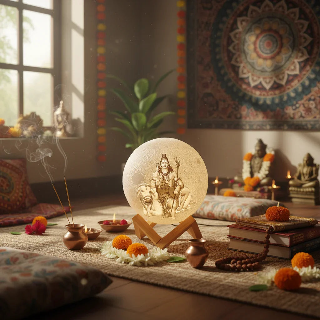Sacred home decor setup with Lord Shiva moon lamp, flowers, idols, and candles in meditation room