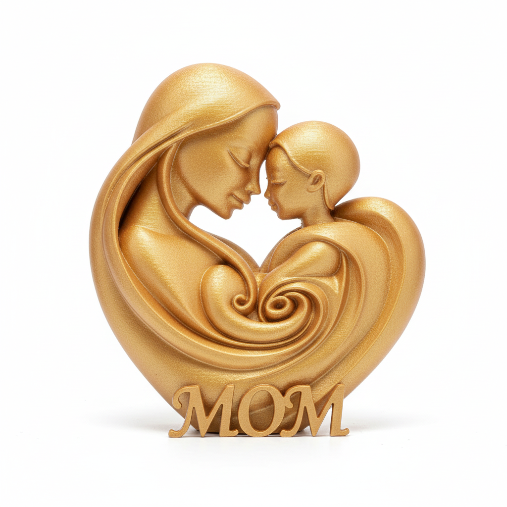 Close-up of gold MOM heart figurine showing metallic finish and heart design