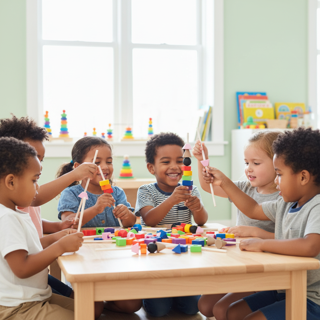 Children playing with threading stick toy developing fine motor skills
