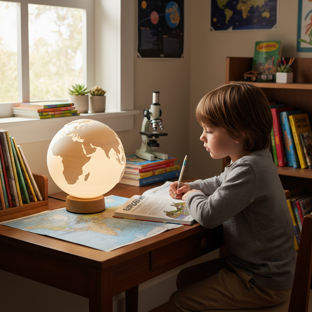Globe moon lamp on child's desk showing educational geography learning tool