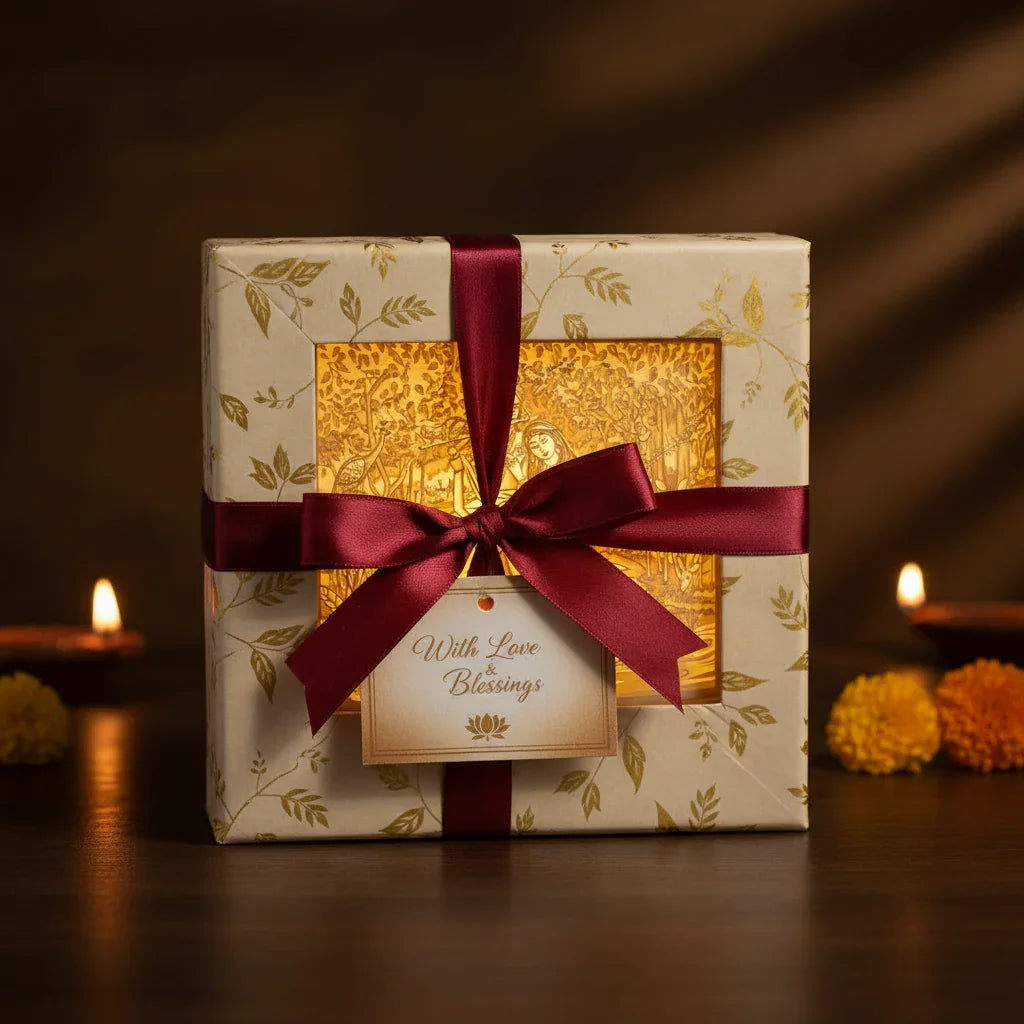 Elegant gift box with gold foil, maroon ribbon, and 'With Love & Blessings' tag from The Sculpt Studio