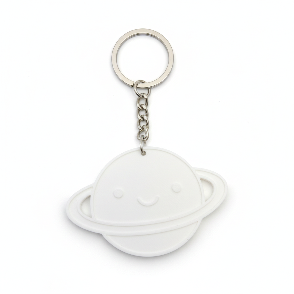 Close-up of white smiley Saturn keychain ready to color with cute design