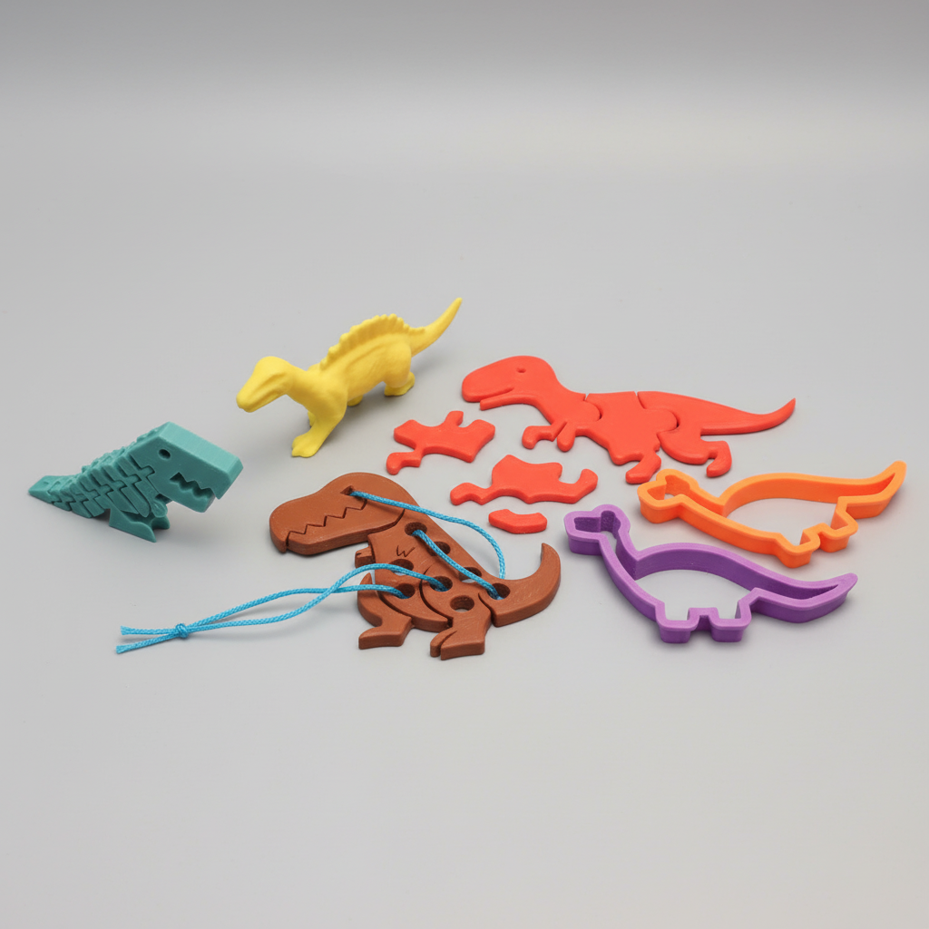 Close-up Dino Kit items detailed 3D printed dinosaur toys quality