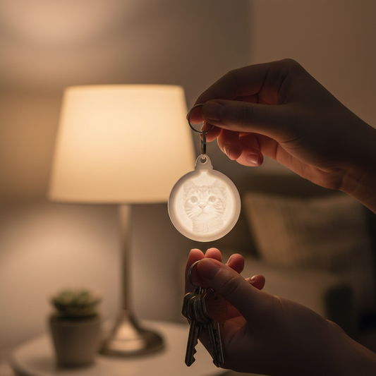 Person holding custom circle lithophane photo keychain to light showing photo glowing through