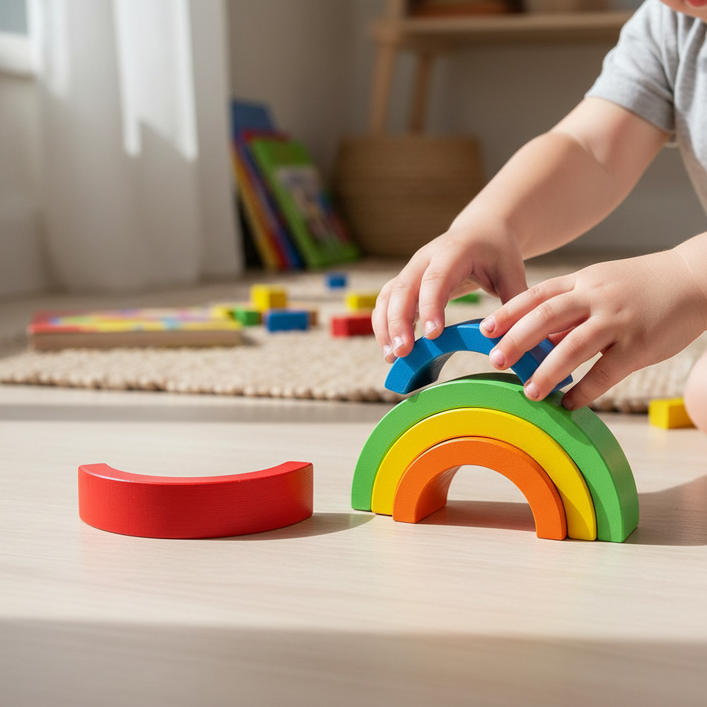 Child's hands stacking rainbow arches showing creative play