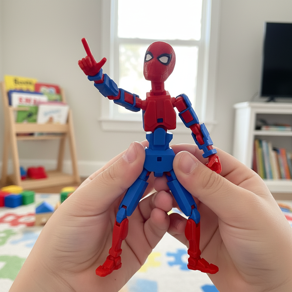 Child's hands posing Spider-Man action figure in heroic stance