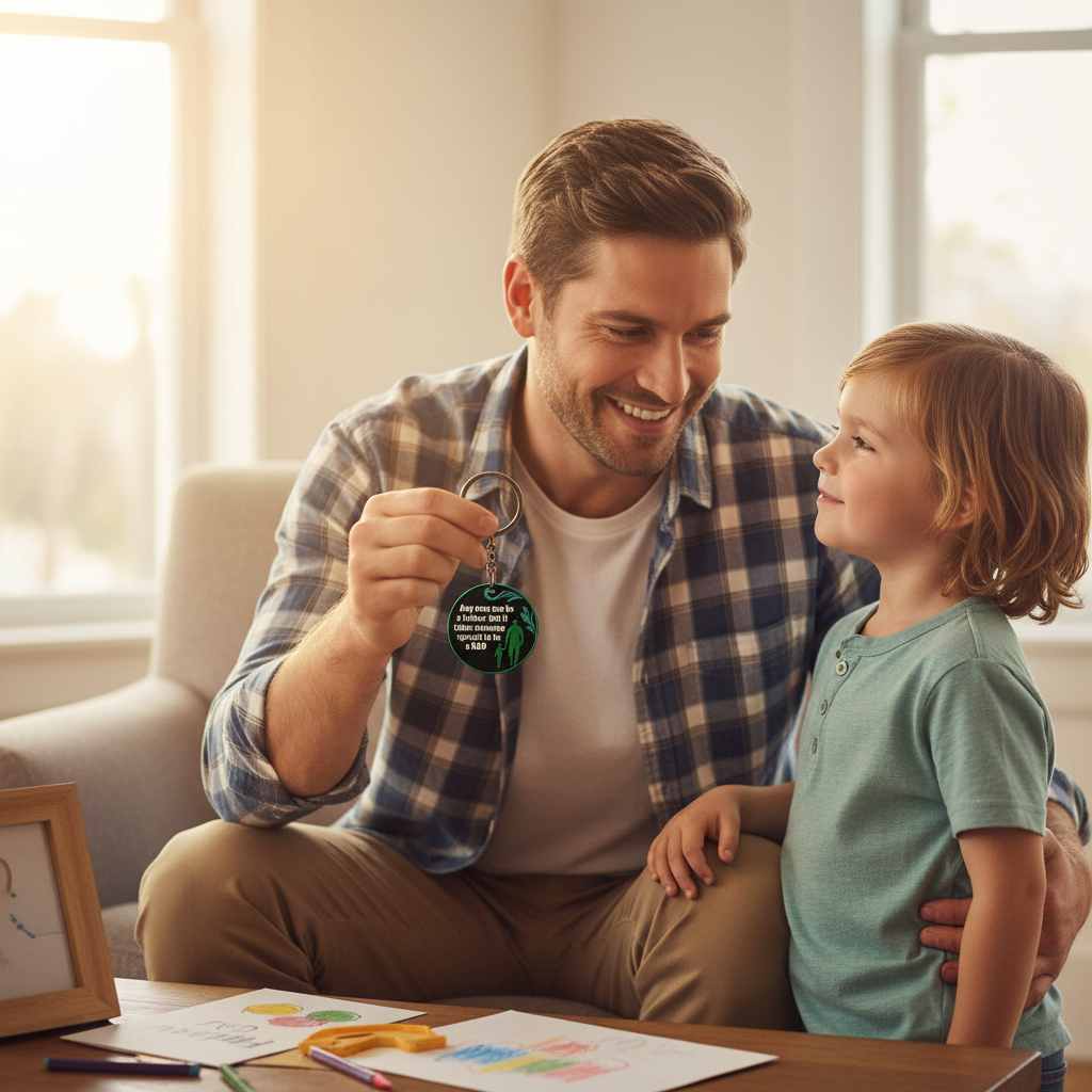 Father receiving 3D printed keychain gift from child on Father's Day showing emotional moment