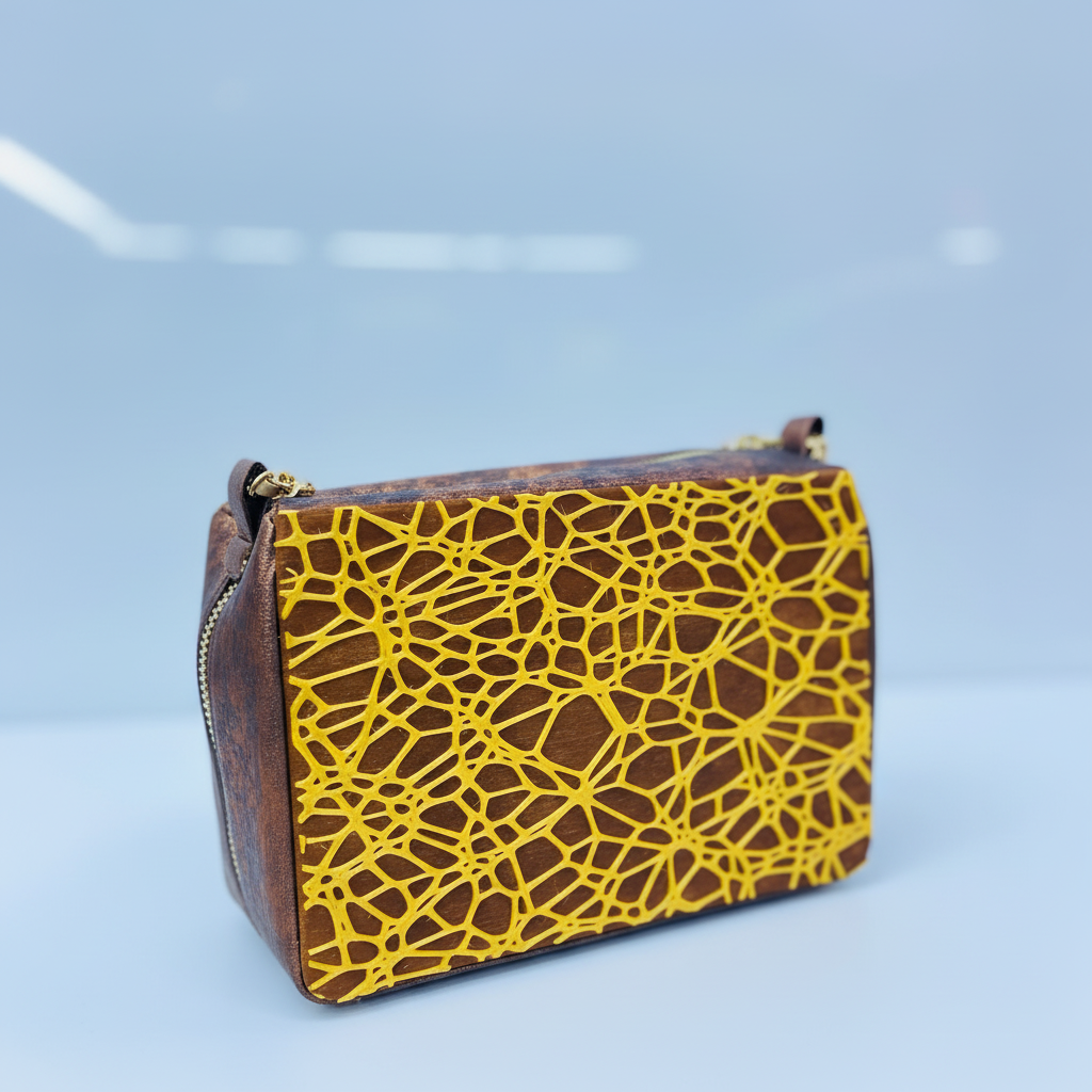 Close-up golden web handbag 3D printed pattern shimmering details