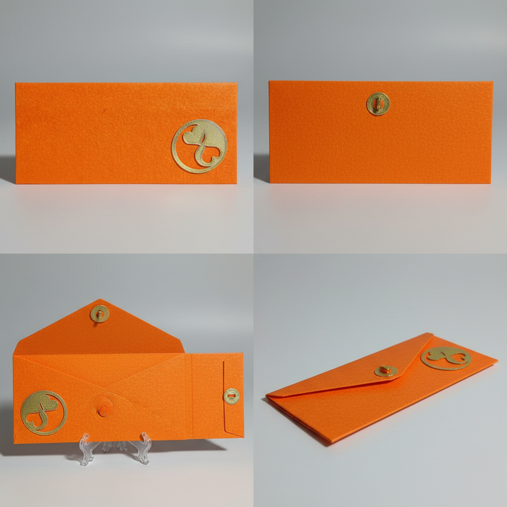 Multiple angle views of orange shagun envelope showing eco-friendly design