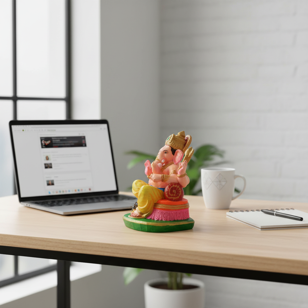 Colored Ganesh Ji Murti on modern office desk for workplace blessings and prosperity