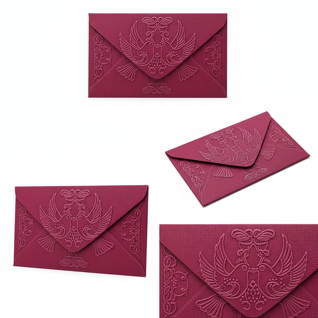 Dark pink 3D printed envelope couple birds embossed design multiple angles