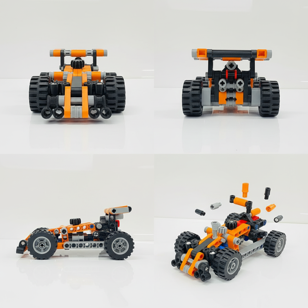 Multiple angle views of orange black racing car toy showing all design details