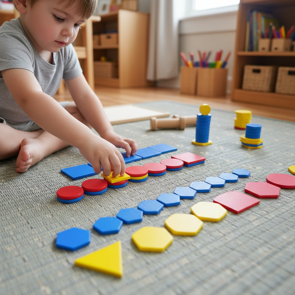 Child sorting and organizing colorful Attribute Blocks for cognitive skill development