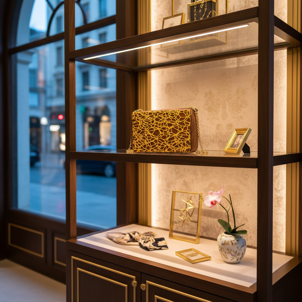 Golden web 3D printed handbag luxury boutique display