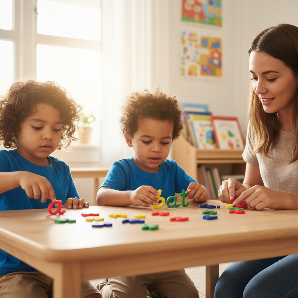 Children engaged in hands-on alphabet learning with 3D printed lowercase letters
