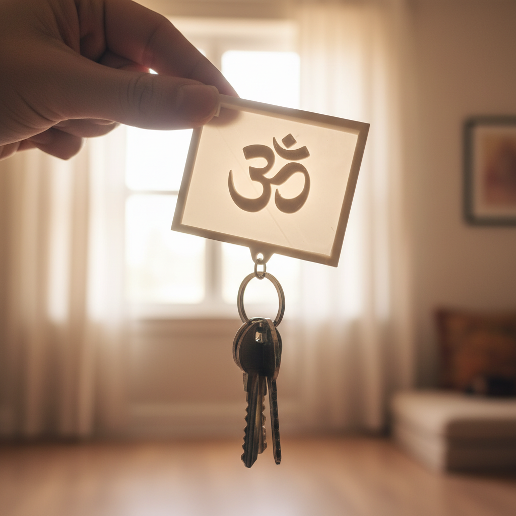 Person holding Om symbol lithophane keychain to light showing sacred symbol glowing