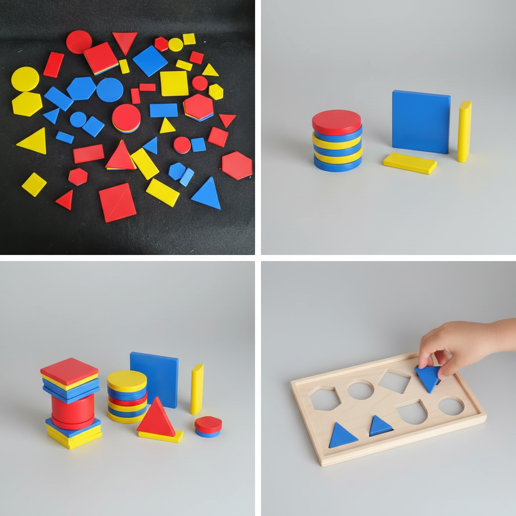 Multiple angle view of Attribute Blocks Montessori toys showing geometric shapes