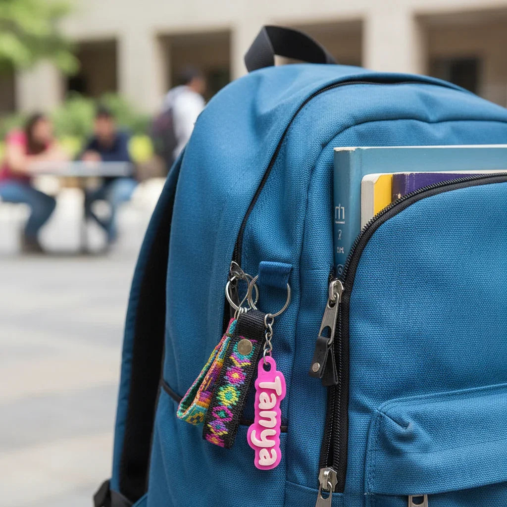 Blue backpack with books and a personalized Tanya keychain, outdoor campus setting, The Sculpt Studio