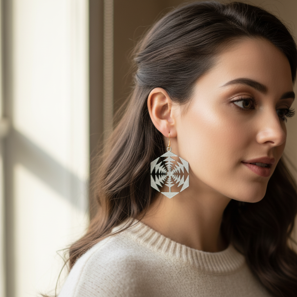 Woman wearing snowflake earrings winter crystal jewelry elegant