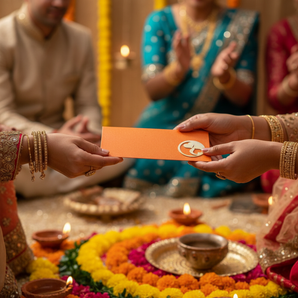 Wedding celebration with orange shagun envelope being exchanged at festive event