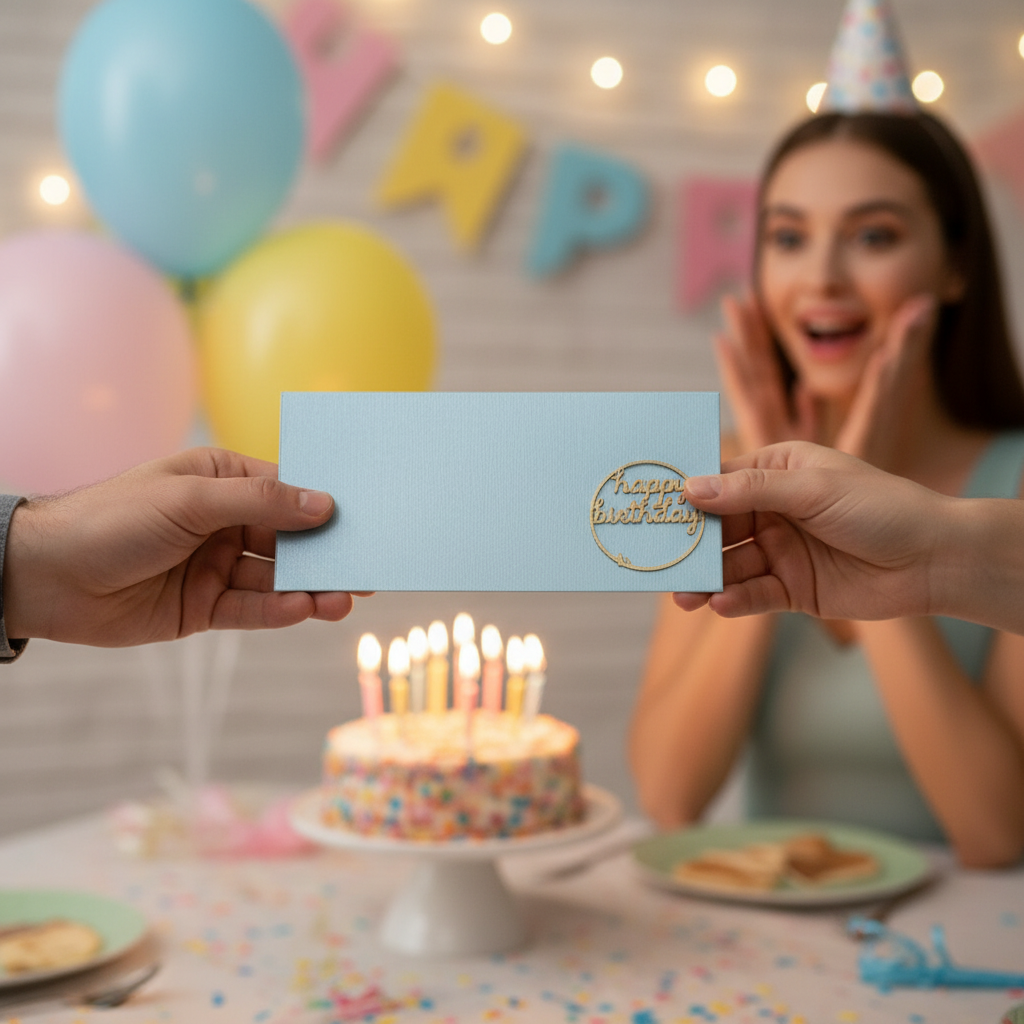 Birthday celebration with light blue Happy Birthday envelope being exchanged