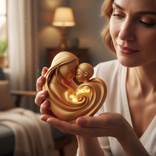 Mother holding shimmering gold MOM heart figurine showing elegant gift