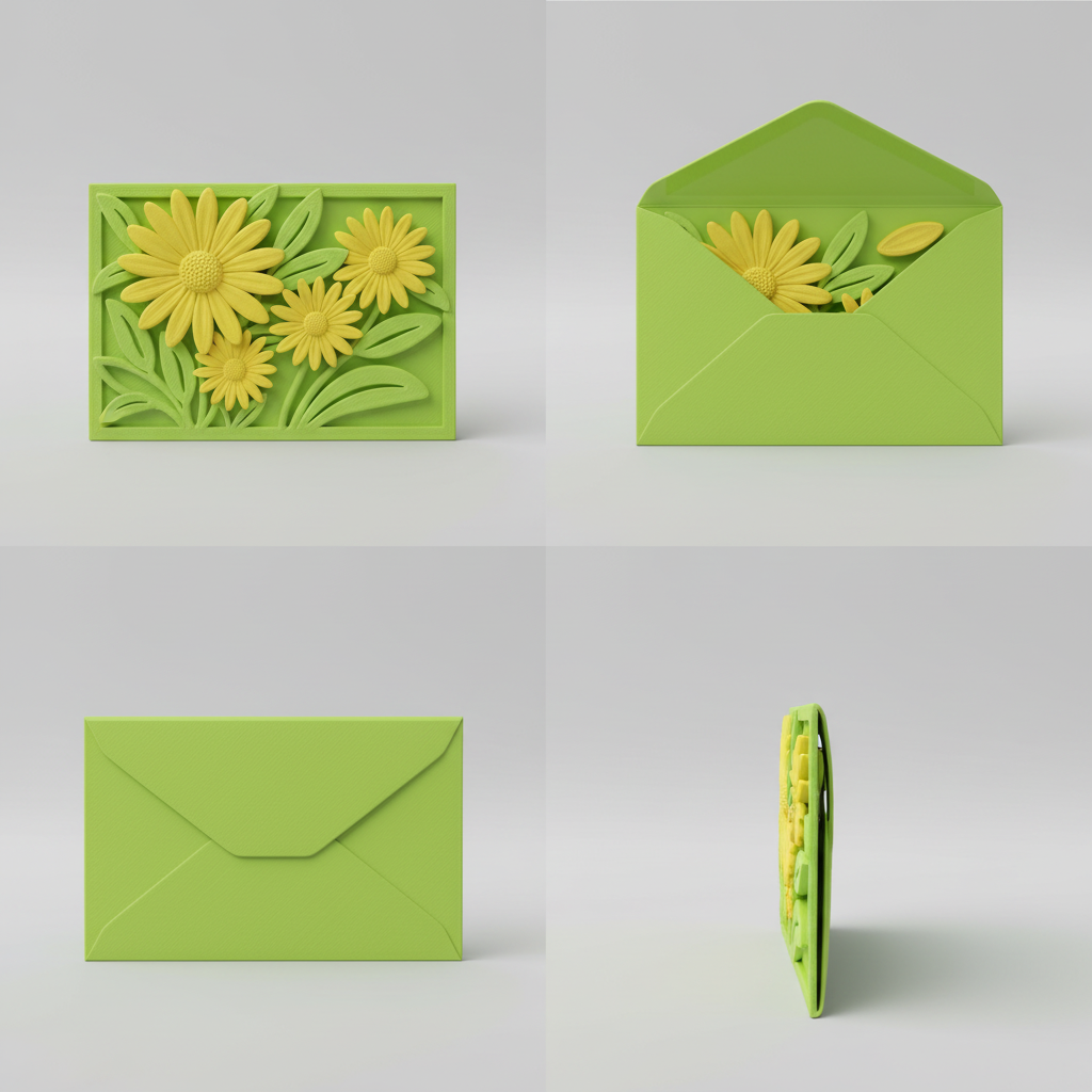Multiple angle views of lime green envelope with yellow flowers