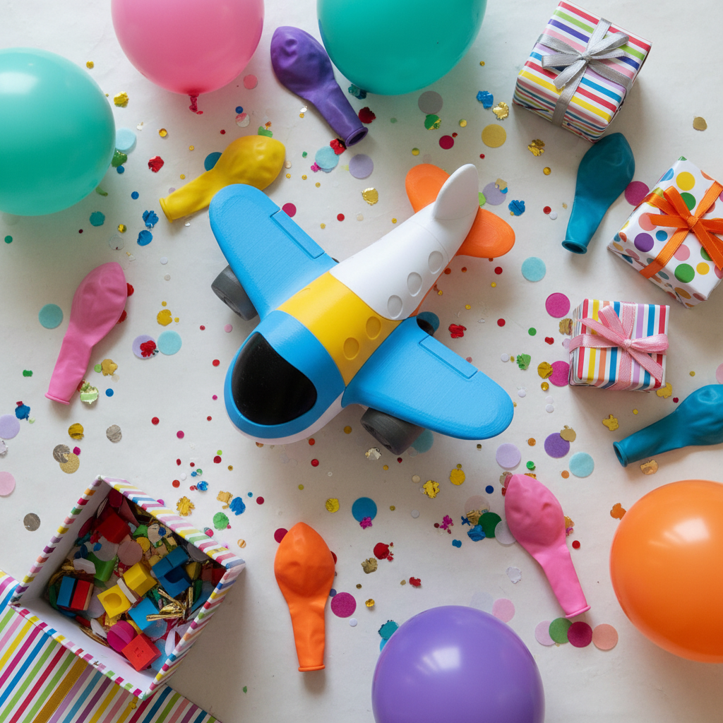 Magnetic airplane toy on festive birthday party flatlay