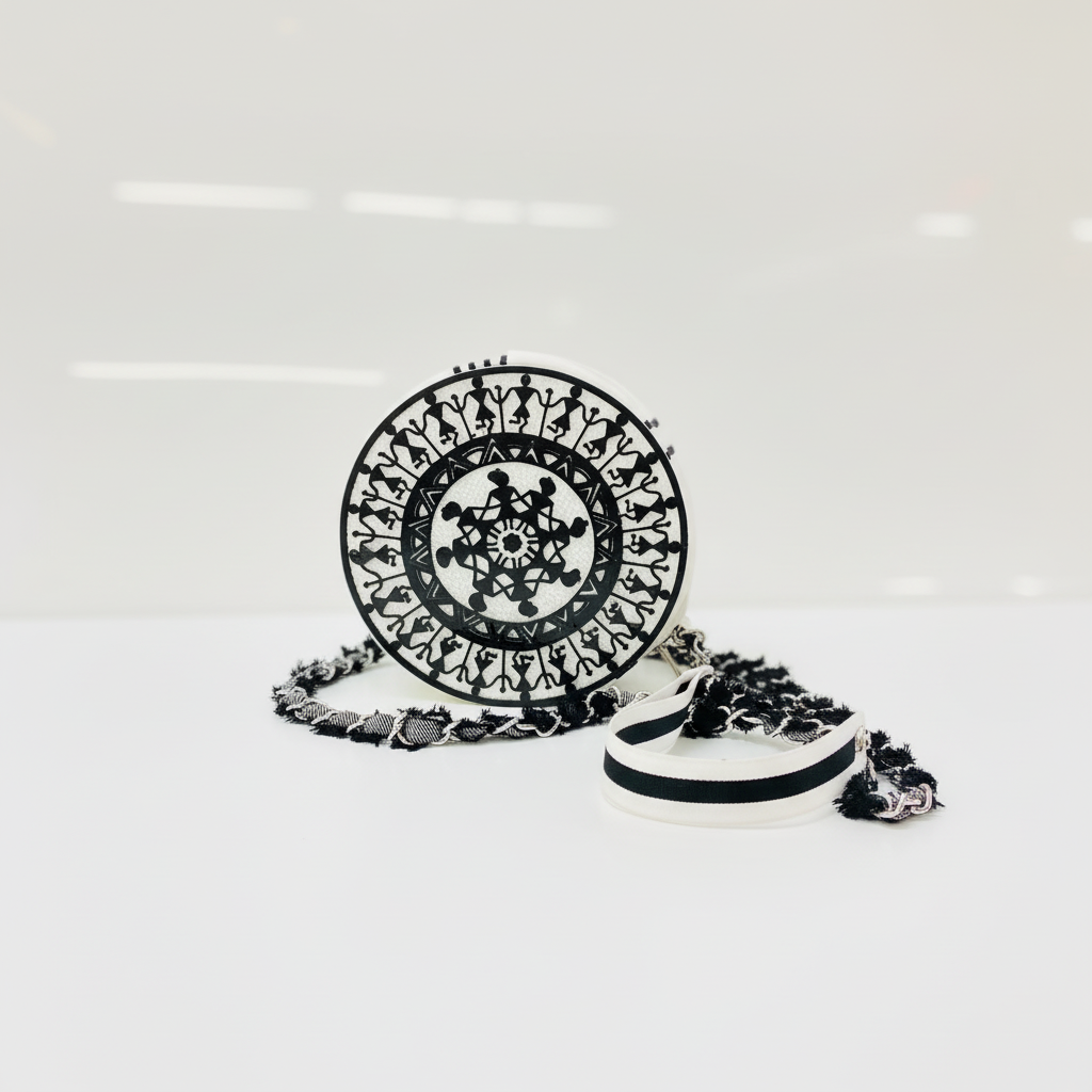 Black white round 3D printed handbag tribal art pattern multiple angles