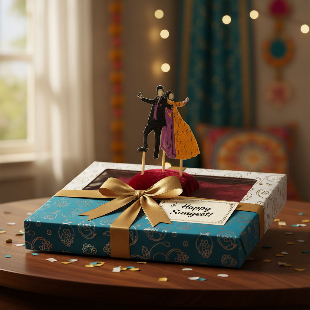Sangeet cake topper gift presentation for wedding celebration