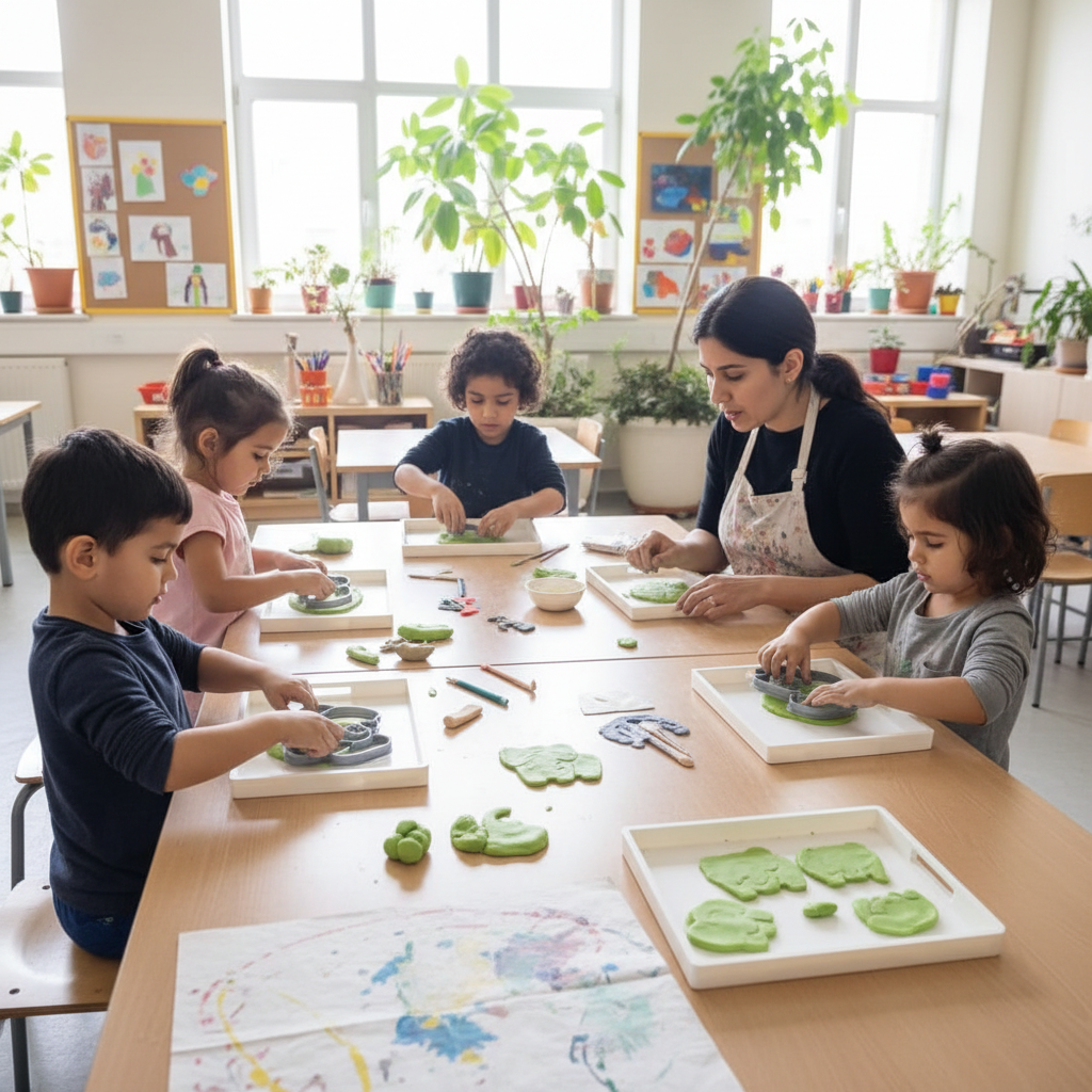 Children art class using elephant cutters clay projects