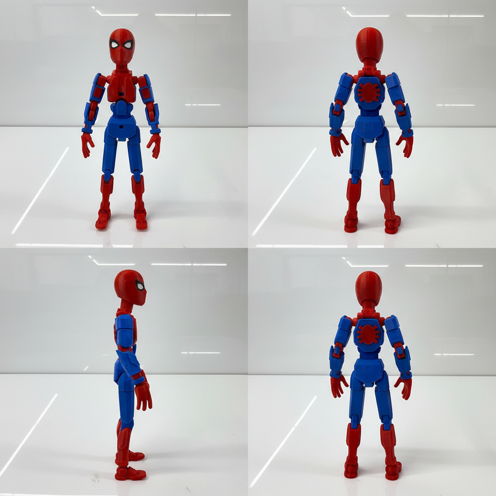 Multiple angle views of Spider-Man action figure showing all design details
