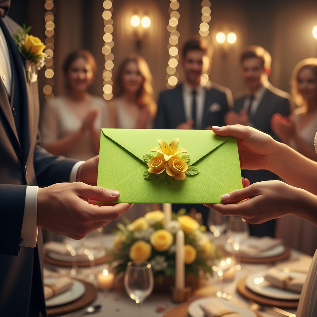 Celebration with bright lime green envelope with yellow flowers being exchanged