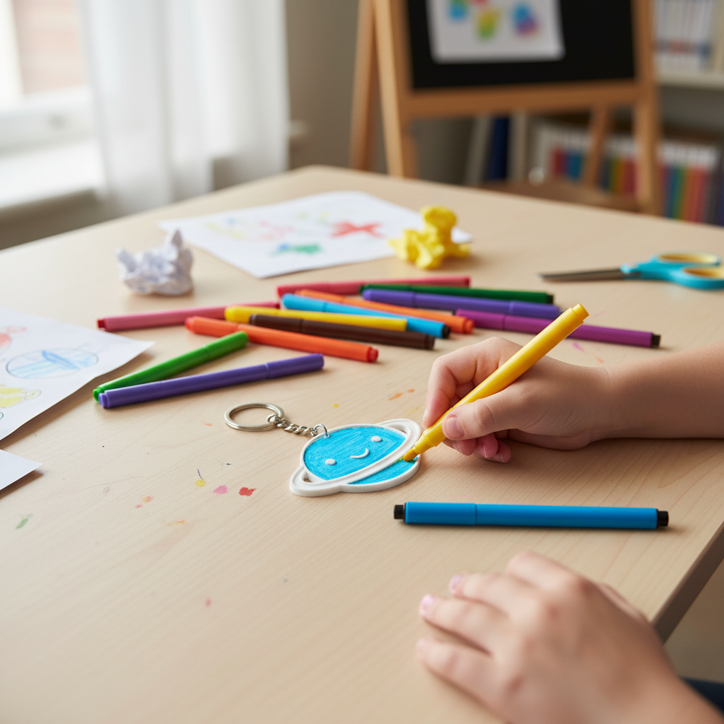 Child's hands coloring Saturn keychain with markers showing creative process