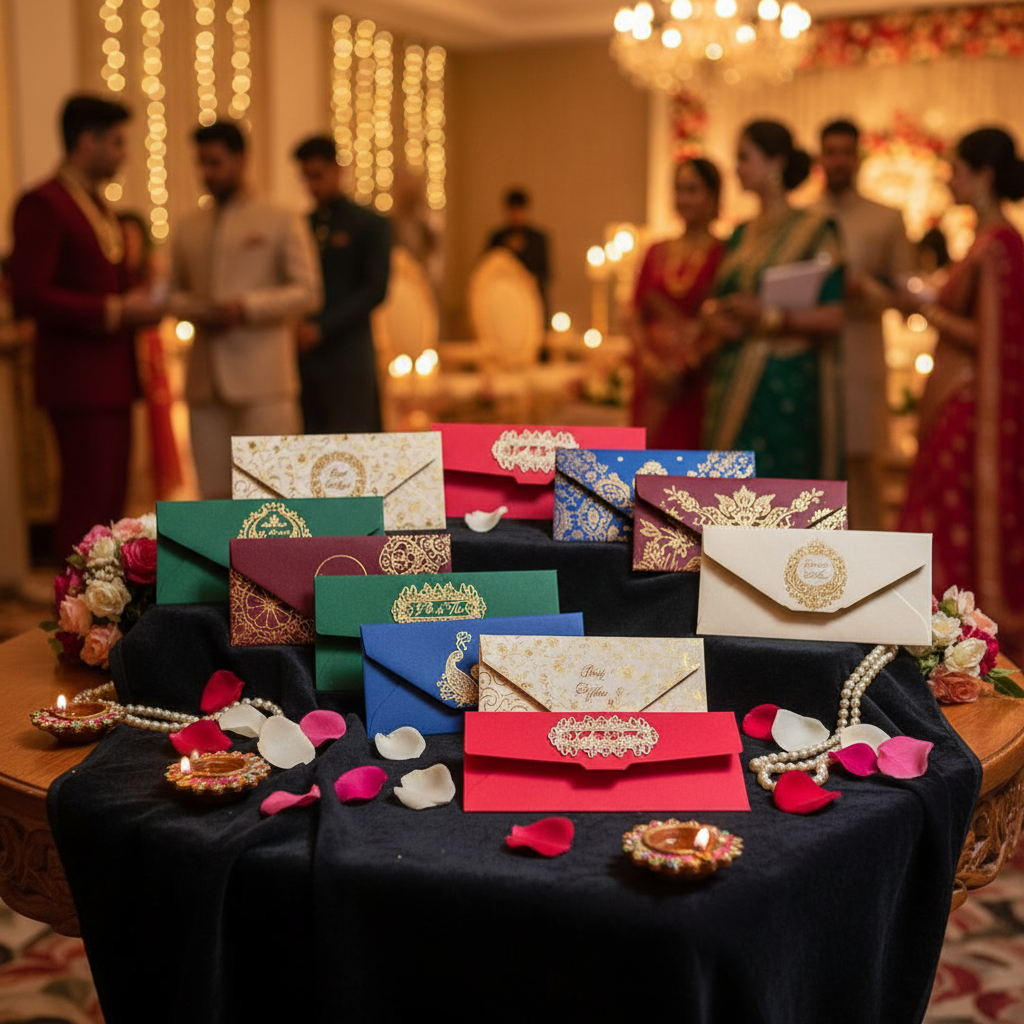 Customized money gift envelopes at wedding celebration shagun