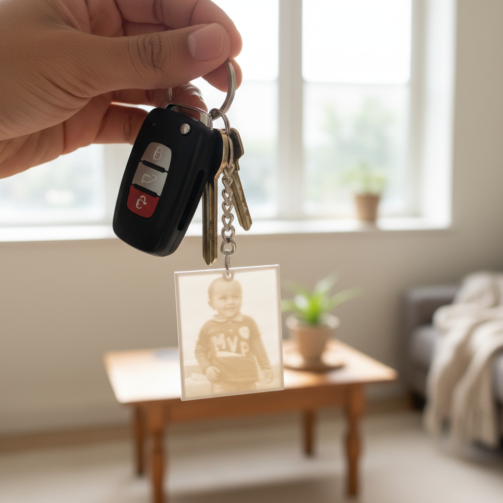Custom lithophane keychain attached to keys showing everyday practical use