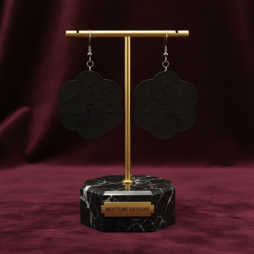 Black swirl 3D printed earrings elegant jewelry stand display