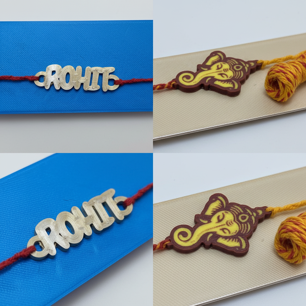 Multiple angle view of customised 3D printed rakhis showing various design possibilities