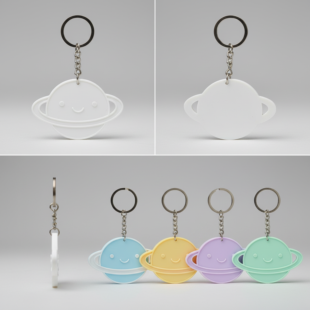 Multiple angle views of smiley Saturn keychain showing design and colored examples
