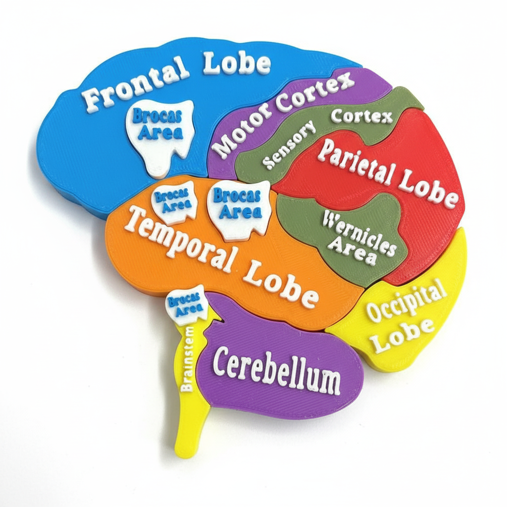 Close-up brain puzzle pieces showing 3D printed quality labeled parts