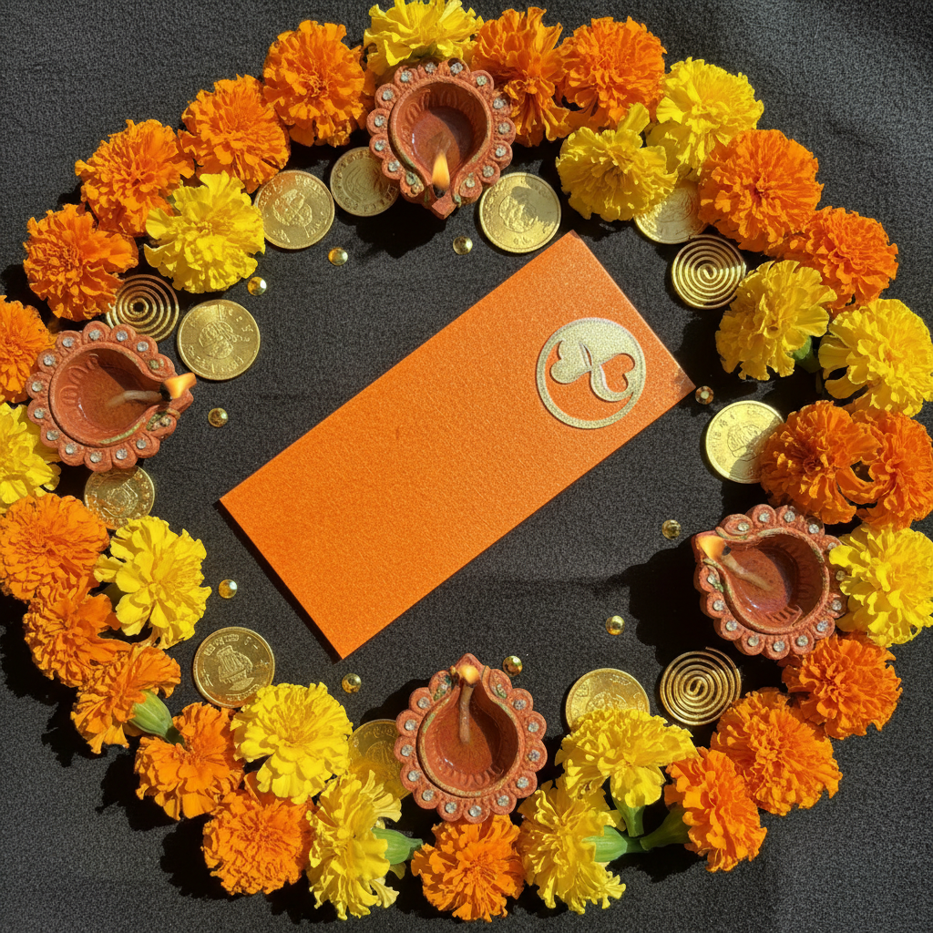 Orange shagun envelope in festive flatlay with Diwali celebration items