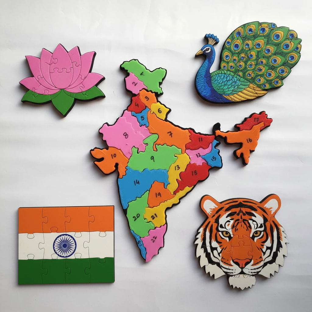 Complete India Kit 2D puzzle set 5 puzzles map peacock tiger lotus flag