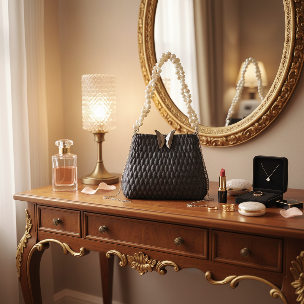 Butterfly pearl charm bag on luxury vanity with elegant accessories